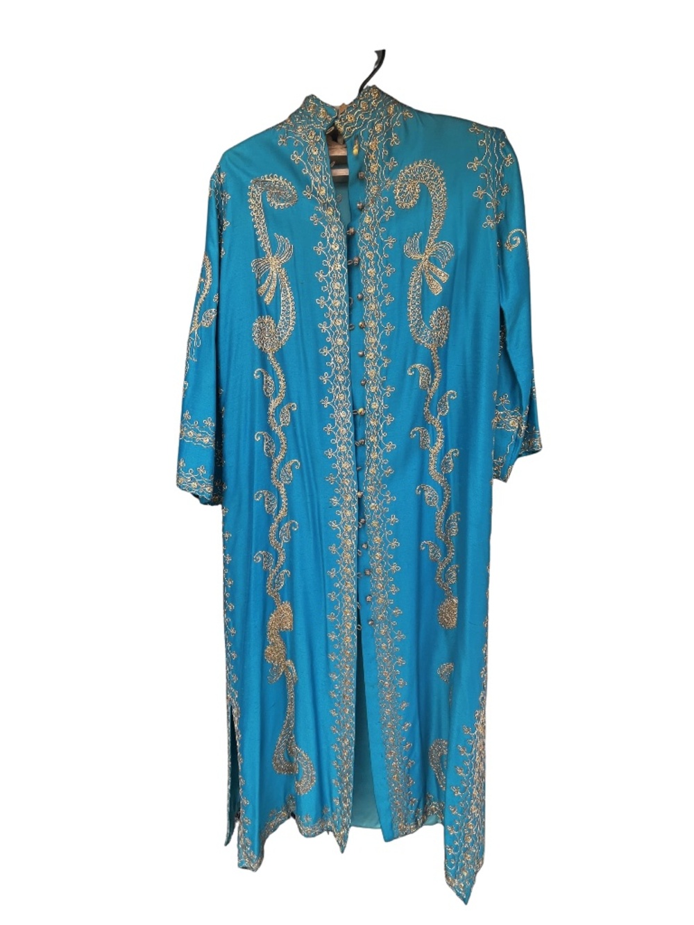 👀Vintage Silk Kaftan, Boho, Turquoise & Gold